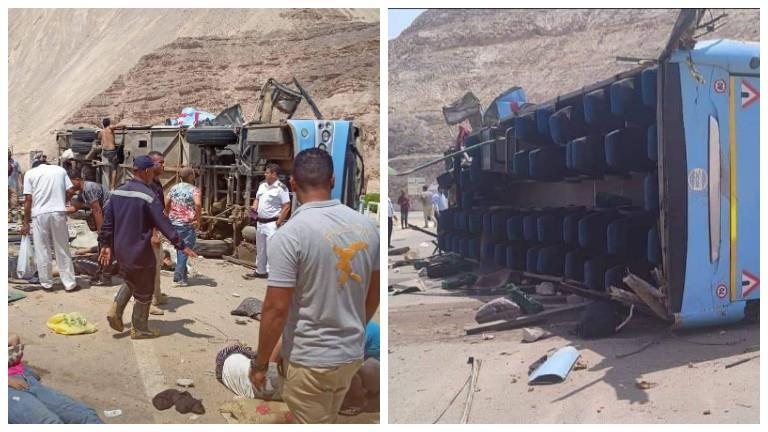 بالصور- مصرع 5 وإصابة 45 في انقلاب أتوبيس على طريق الجلالة