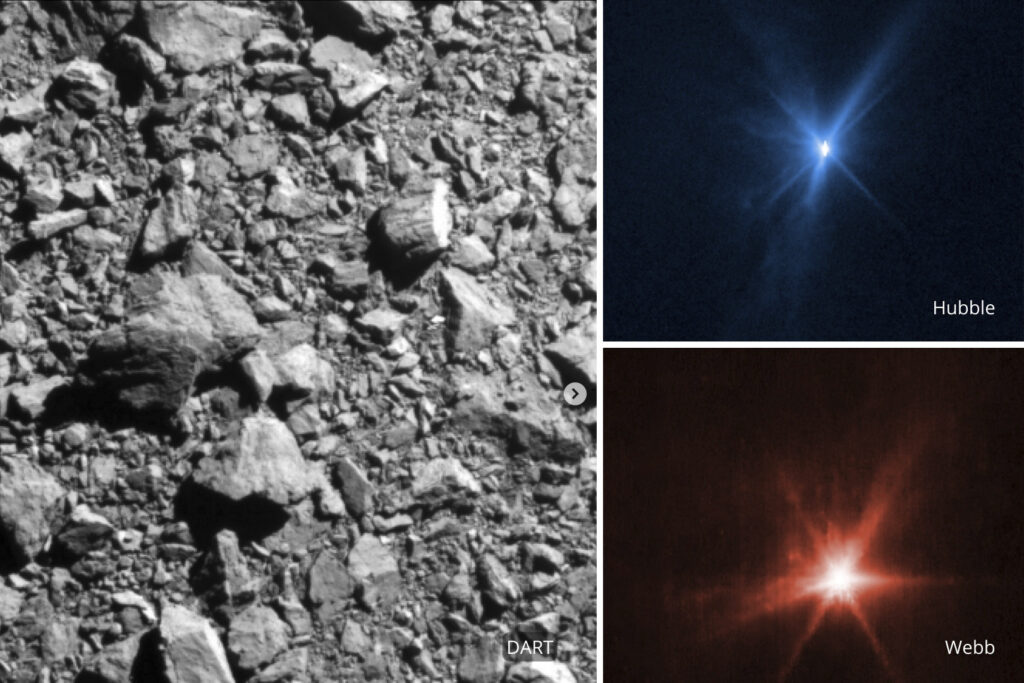 This combination of images provided by NASA shows three different views of the DART spacecraft impact on the asteroid Dimorphos…