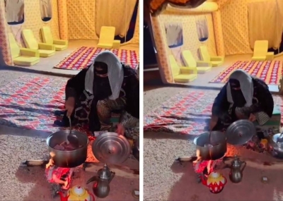 شاهد.. المطيري يوثق فيديو للرحالة رشا القرشي أثناء طهيها الكبسة داخل خيمة في الصحراء
