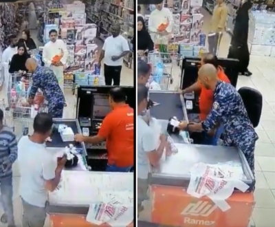 ضابط كويتي يدفع عربات الزبائن داخل متجر سوبر ماركت ويتجاوز الدور أمام ذهول المتسوقين • صحيفة المرصد