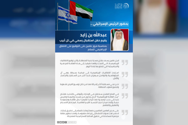 وكالة أنباء الإمارات - بحضور الرئيس الإسرائيلي .. عبدالله بن زايد يقيم حفل استقبال في تل أبيب بمناسبة مرور عامين على "الاتفاق الإبراهيمي"