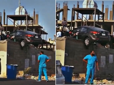 أول تعليق من "مرور جدة" على أغرب حادث " سيارة" في العالم استقرت على أحد المباني بطريقة محيرة !